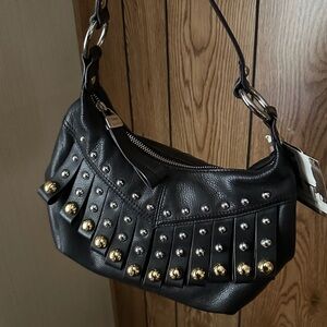 b. makowsky Black Shoulder Bag with Gold & Silver Stud Fringe